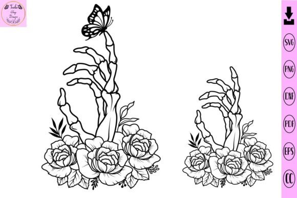 Skeleton Hand with Flower and Butterfly Graphics and Print Templates