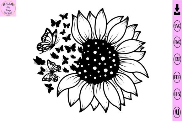 Sunflower and Butterfly Svg Flower Svg Graphics for Print Templates